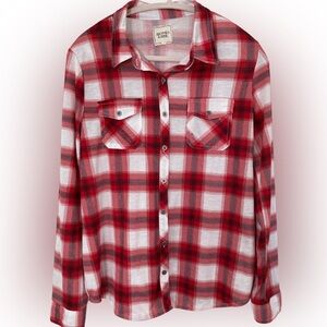Modish Rebel Red Plaid Button-Up Shirt | Soft Lightweight Flannel Juniors Large